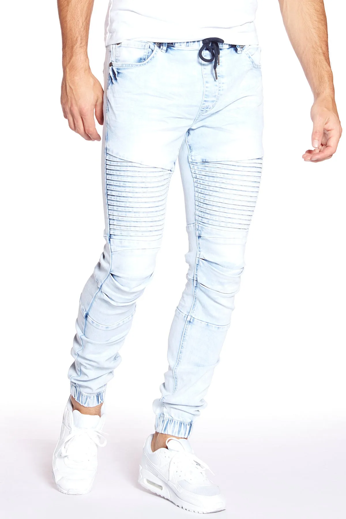 JACKSON - 5 Pocket Moto Pintuck Jogger - Light Indigo Acid Wash