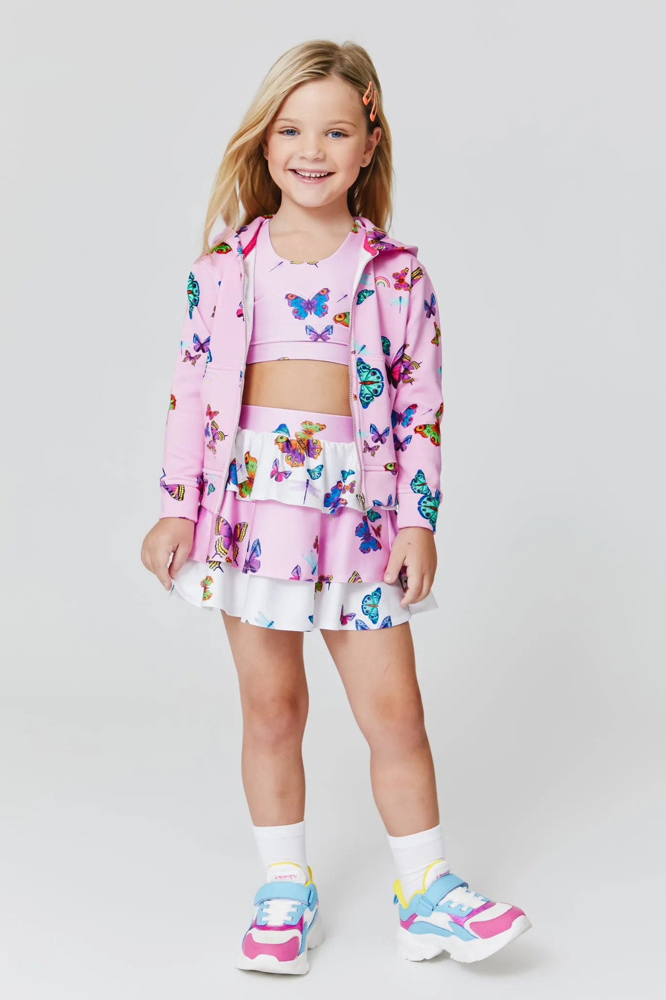 Kids Tiered Skirt in Neon Butterflies