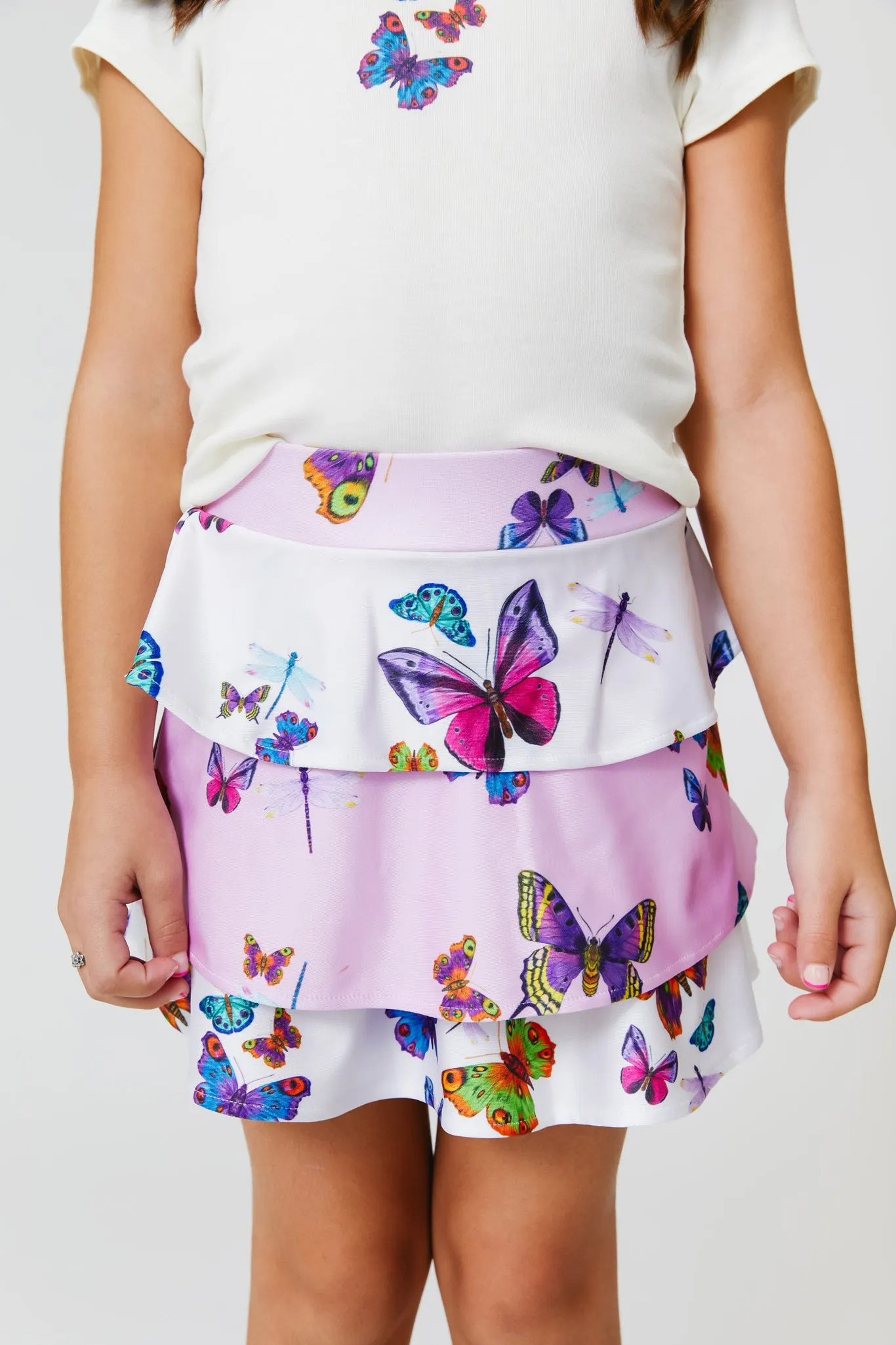 Kids Tiered Skirt in Neon Butterflies