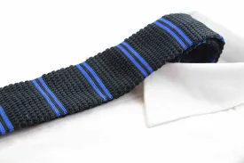 Knitted Black & Royal Blue Striped Patterned Neck Tie