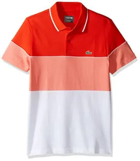 LACOSTE MEN'S GOLF COLOR BLOCK STRIPE ULTRADRY PIQUE KNIT, DH2102-51, ETNA RED/TARAMA-WHITE, 5