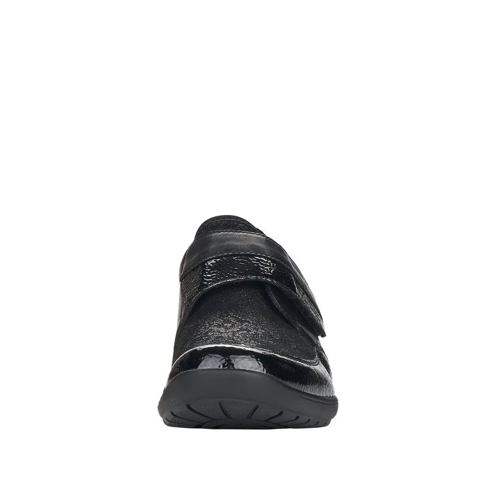 Ladies Strap Over Remonte Trainers Sneakers Black Patent Mix Wider Fit R7600-02