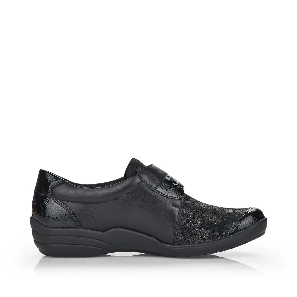 Ladies Strap Over Remonte Trainers Sneakers Black Patent Mix Wider Fit R7600-02