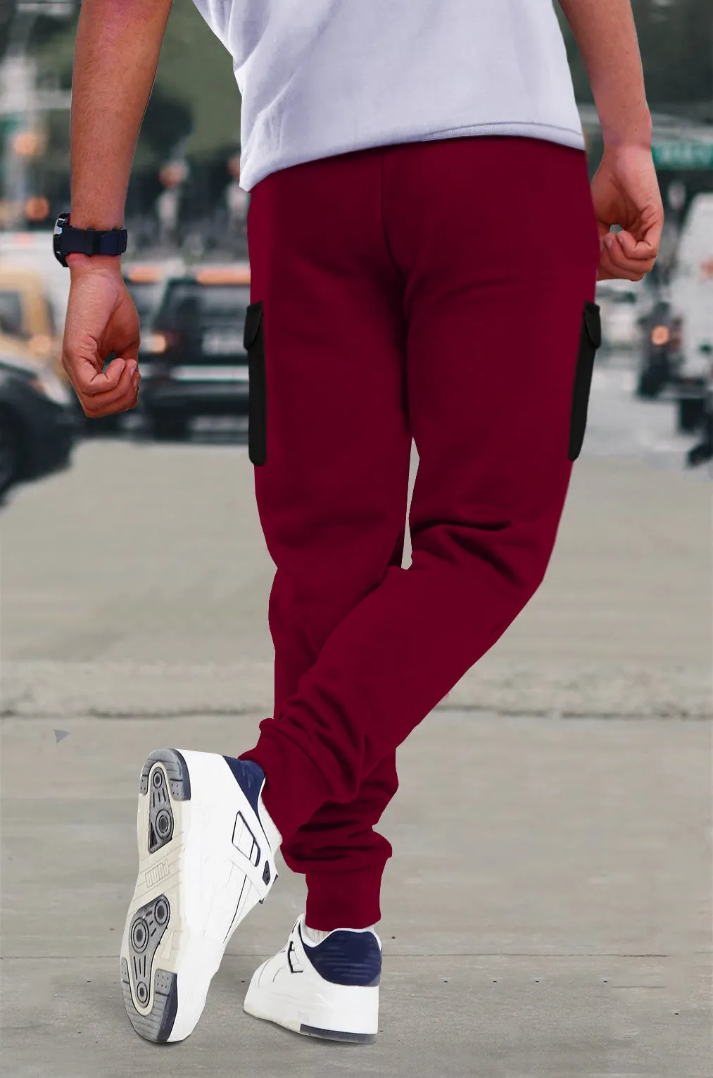 Men Maroon Black Cargo Jogger