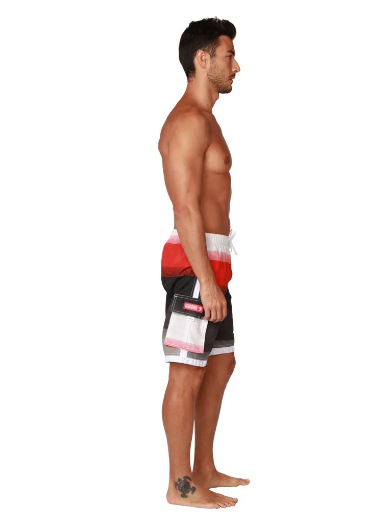 Men's Board Shorts in red, white and black stripes