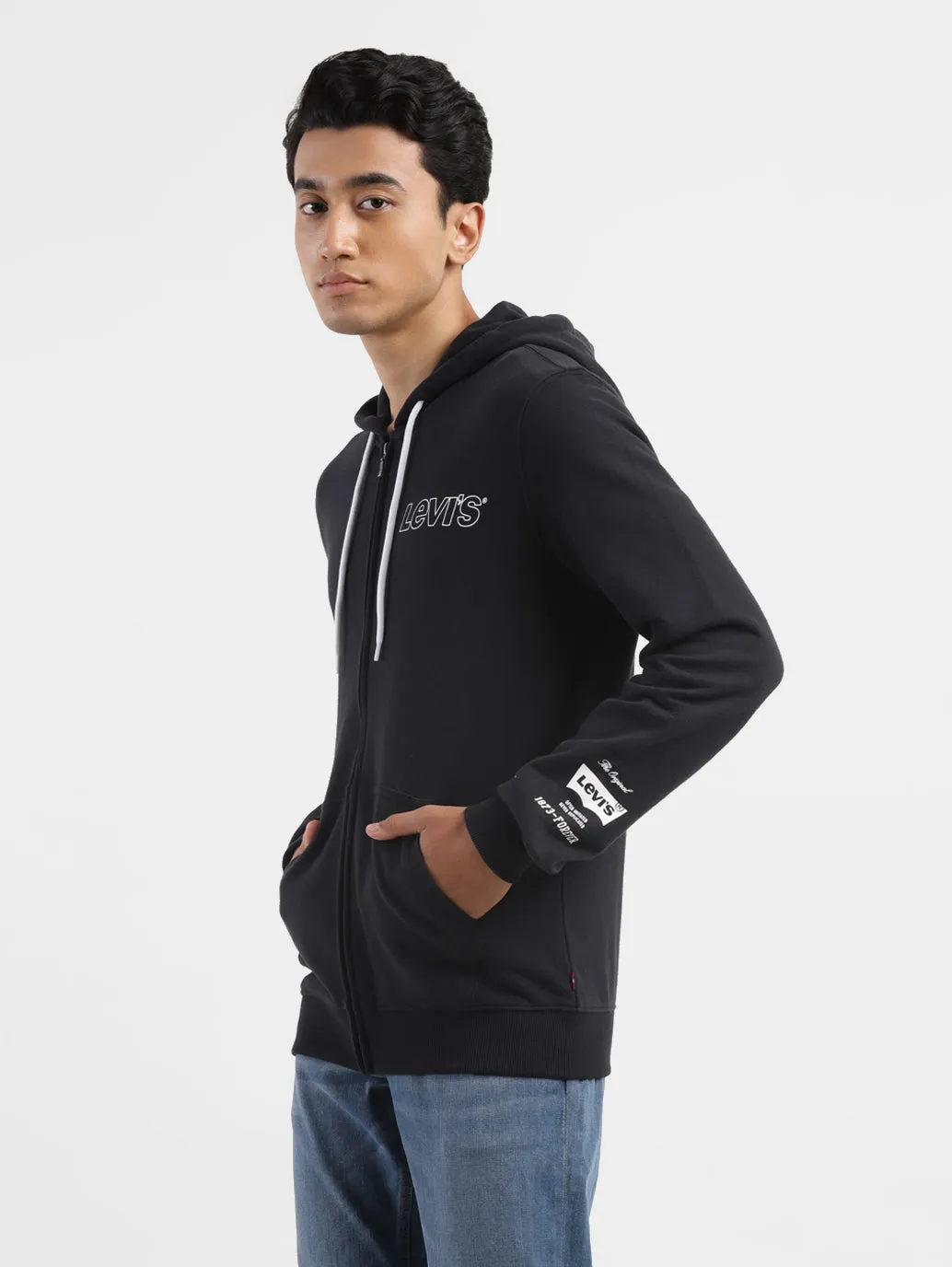 Men's Brand Logo Black Hooded Sweatshirt