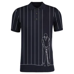 Men's dark blue striped knit polo shirt