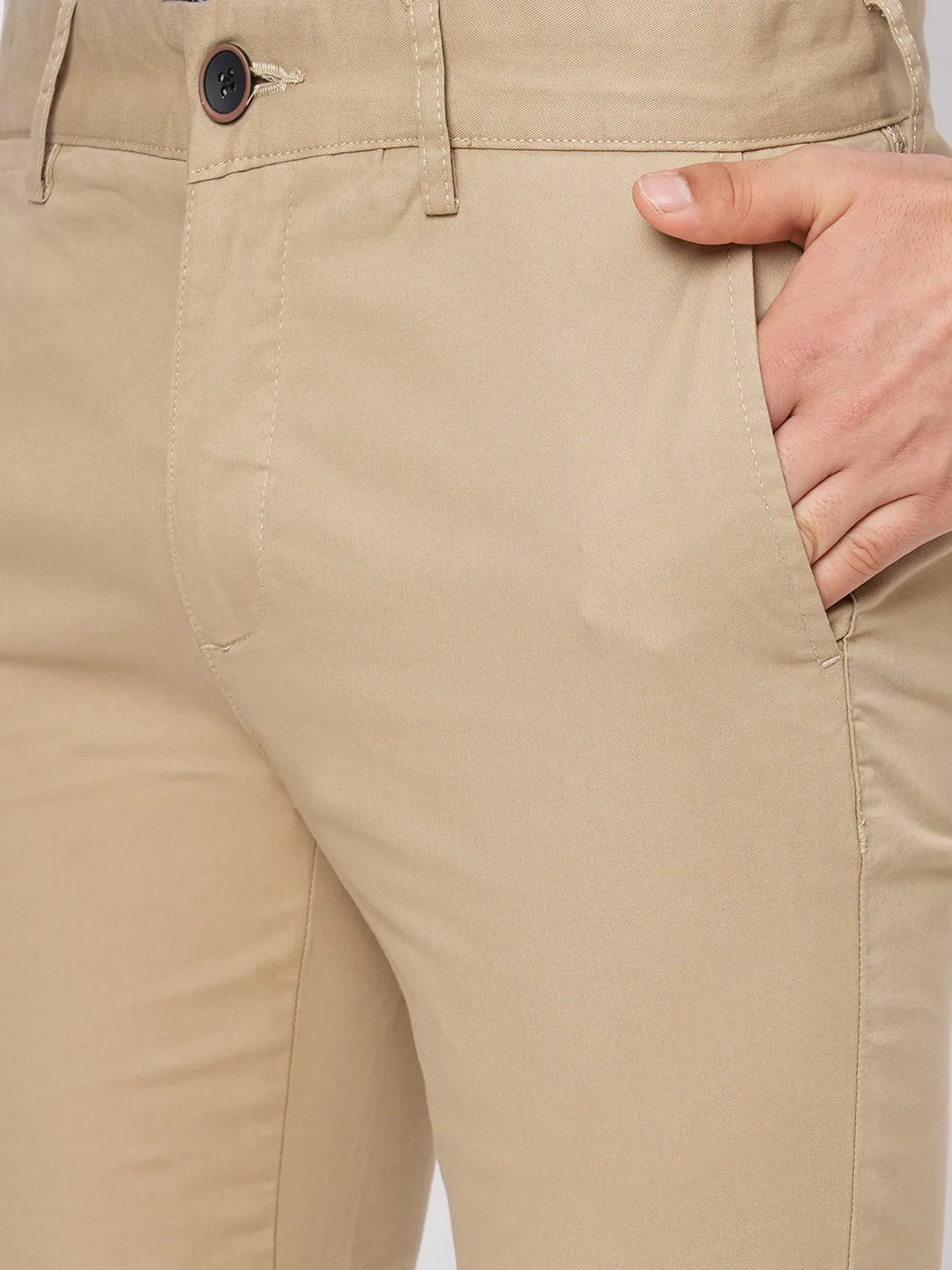 Men's Khaki Cotton Lycra Slim Fit Pant