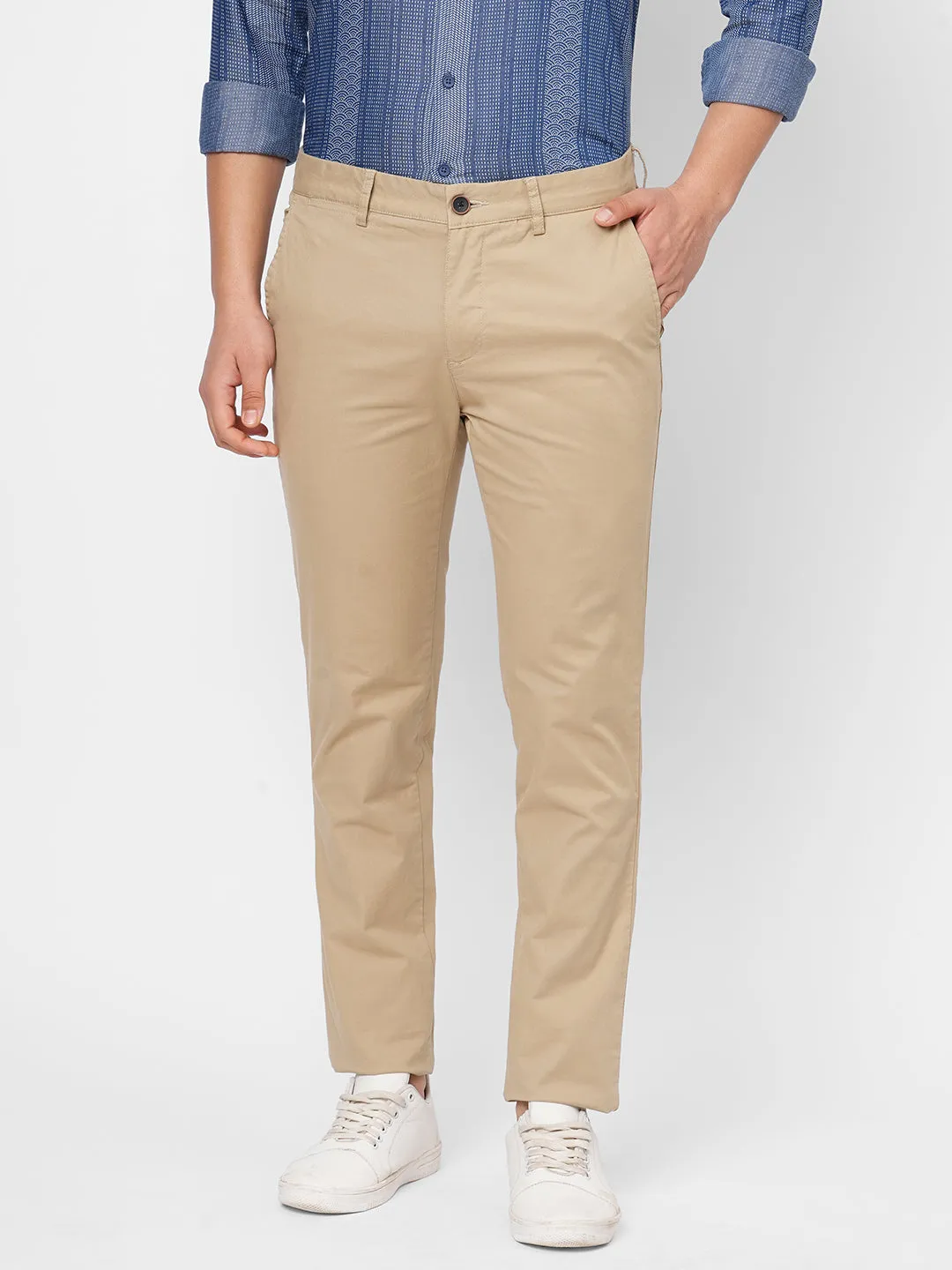 Men's Khaki Cotton Lycra Slim Fit Pant