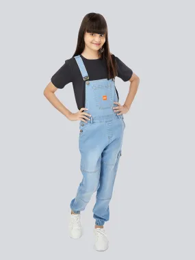 Naughty Dungaree® Girls Full Length Light Blue Denim Dungaree with Elastic Bottom Hem