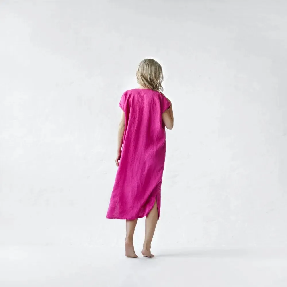 Neon Pink Linen V neck dress by Seaside Tones