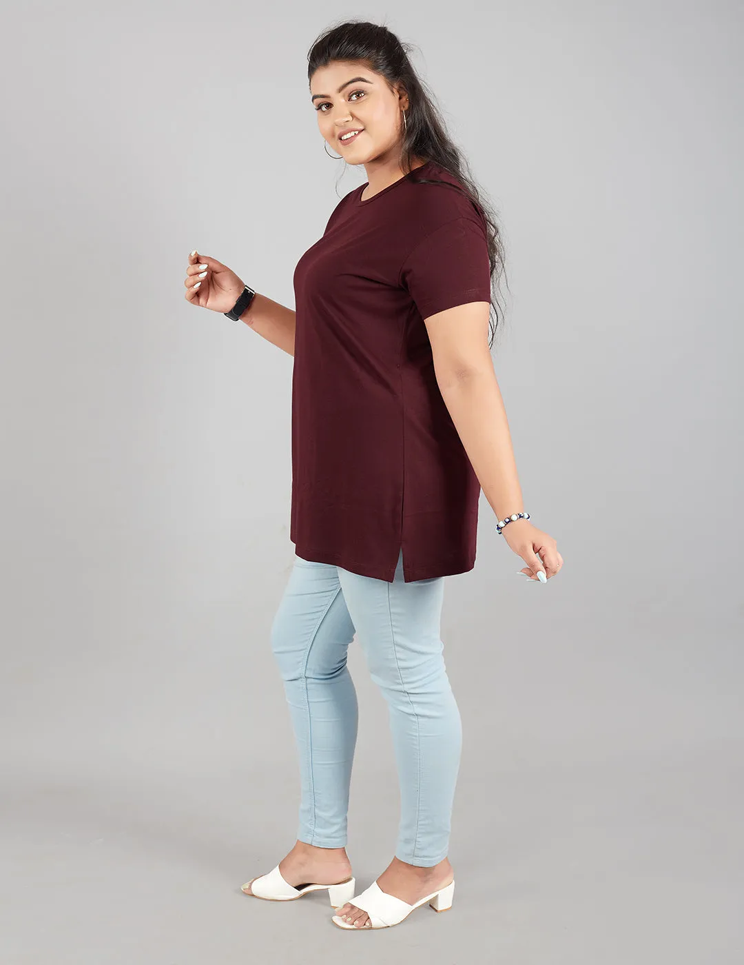 Plus Size Plain Cotton T-Shirt For Women - Wine