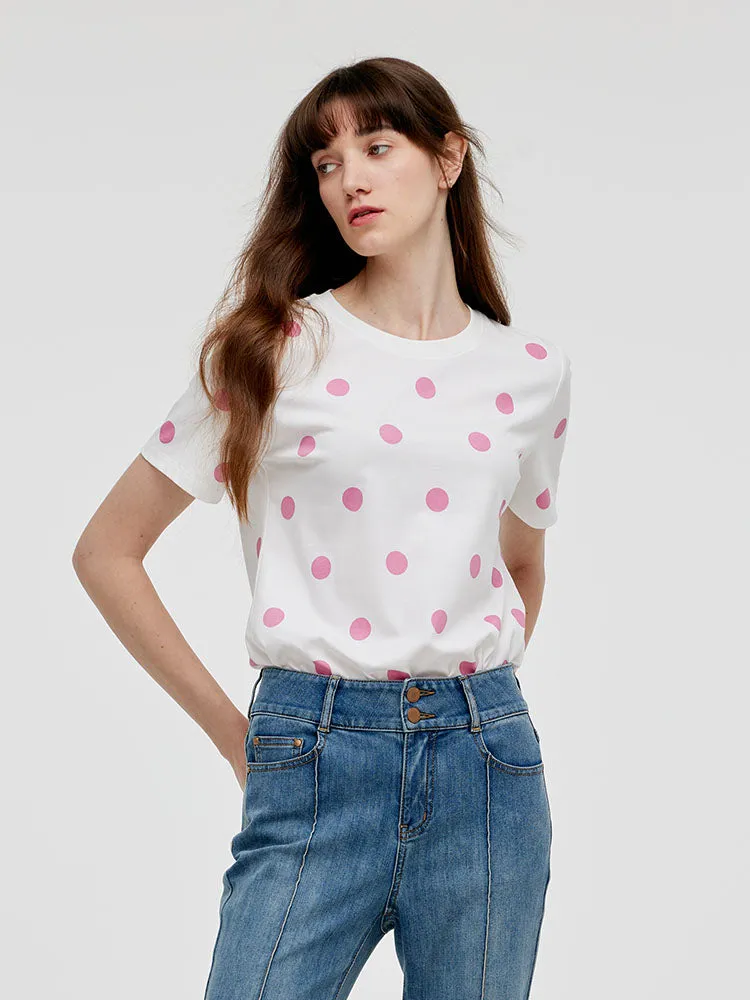 Polka Dots Printed Round Neck Women T-Shirt