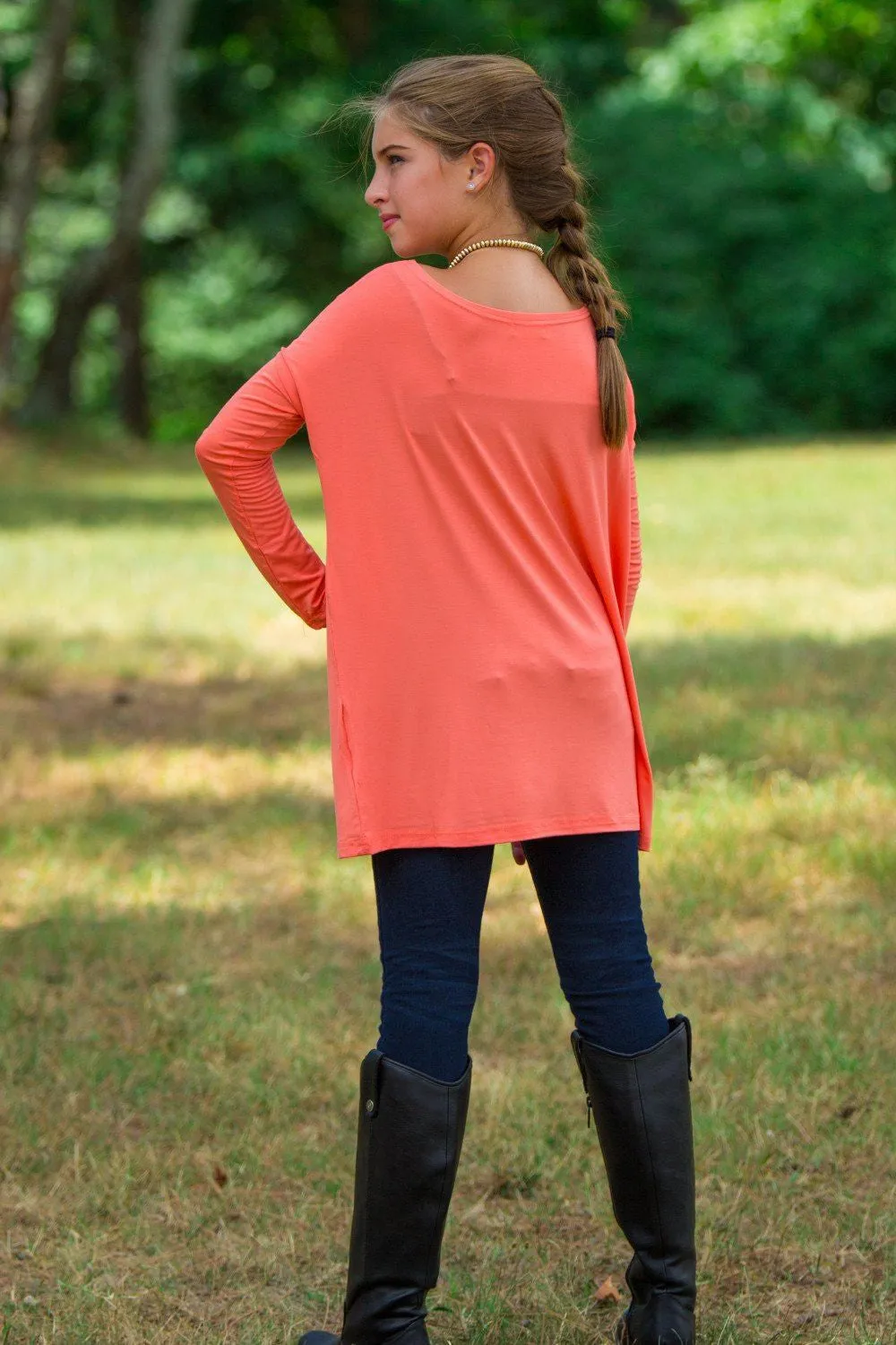 SALE-Long Sleeve Kids Piko Top - Dark Peach