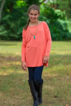 SALE-Long Sleeve Kids Piko Top - Dark Peach