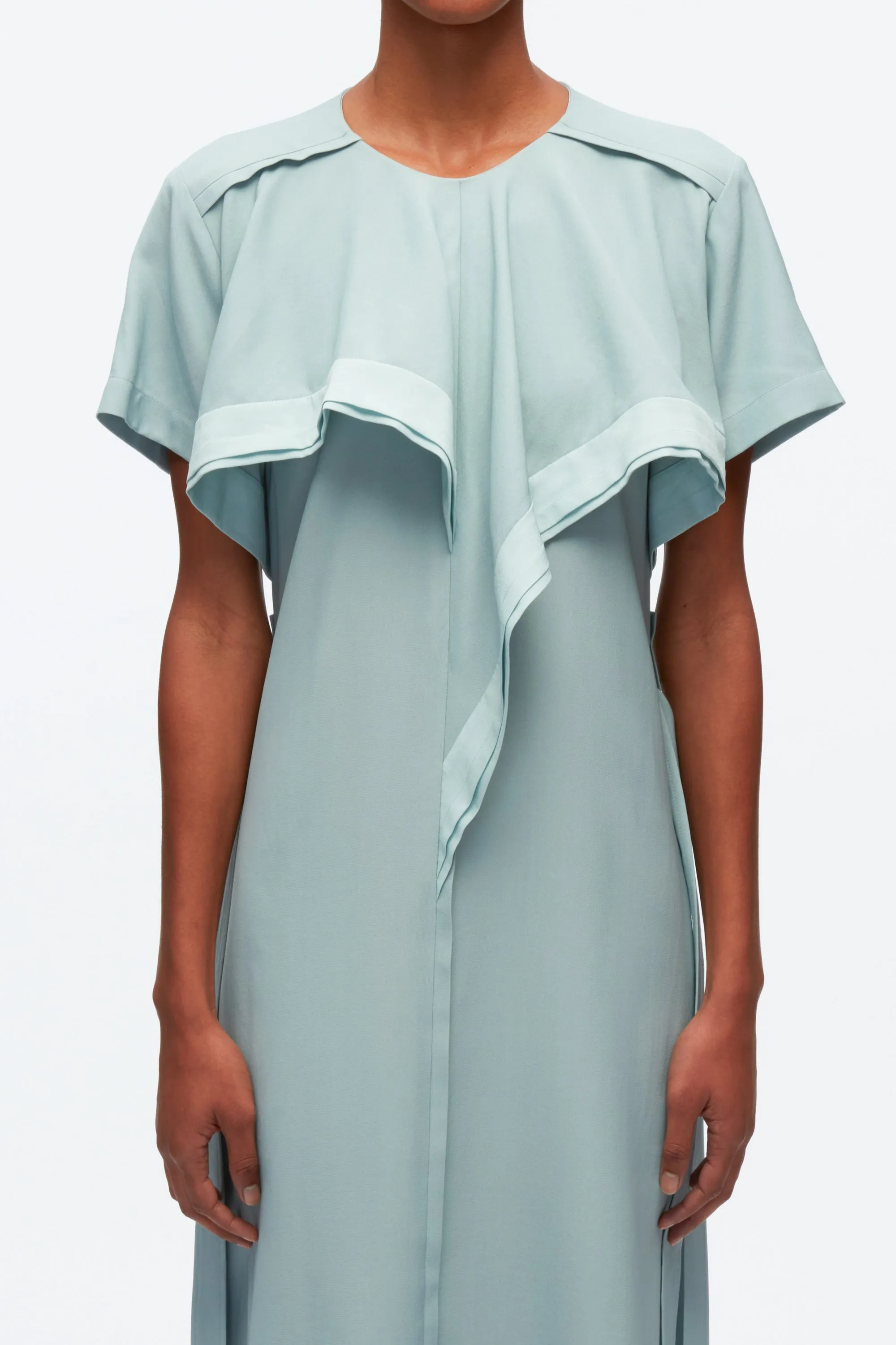 Short Sleeve Belted Dress With Cascade Drape