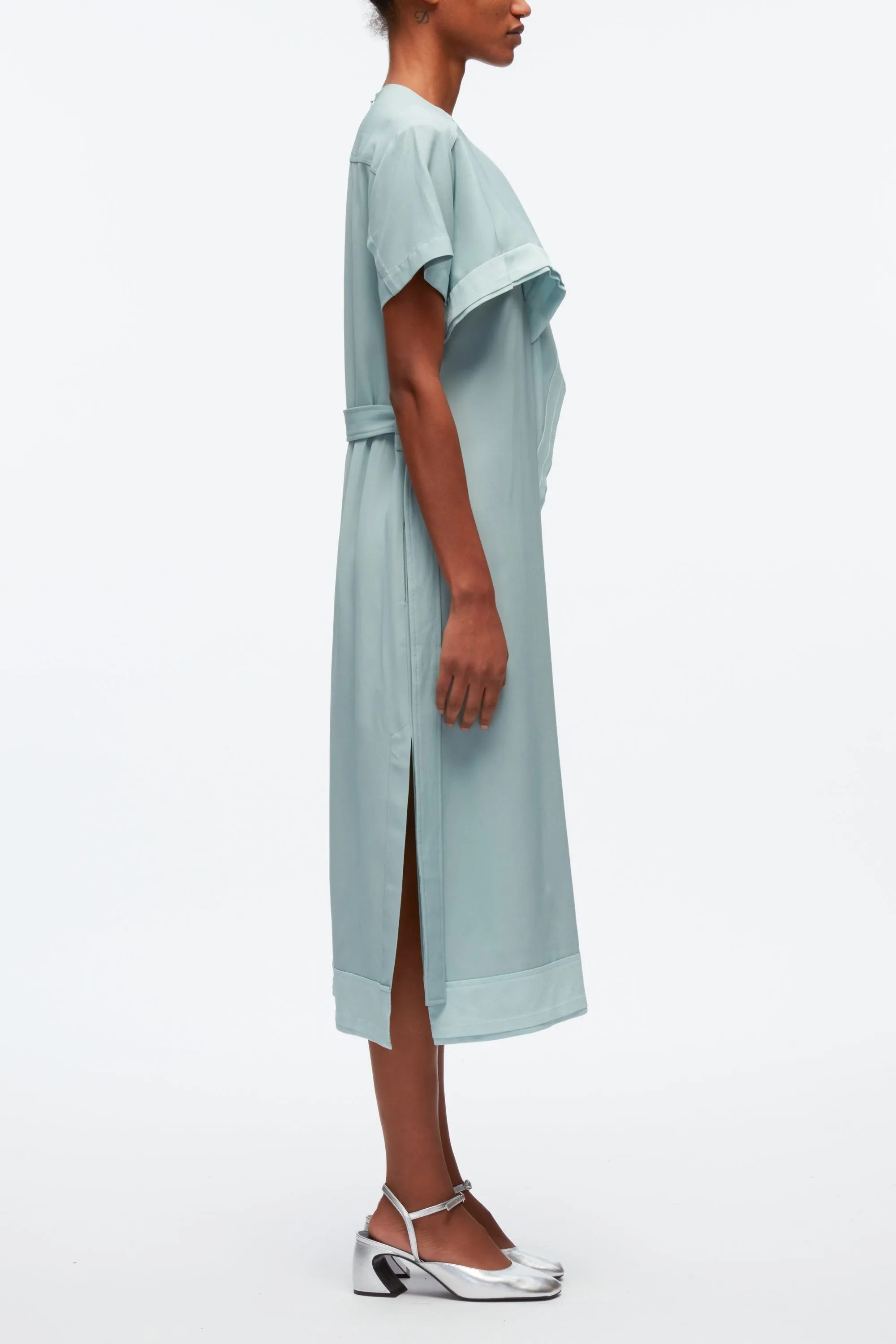 Short Sleeve Belted Dress With Cascade Drape