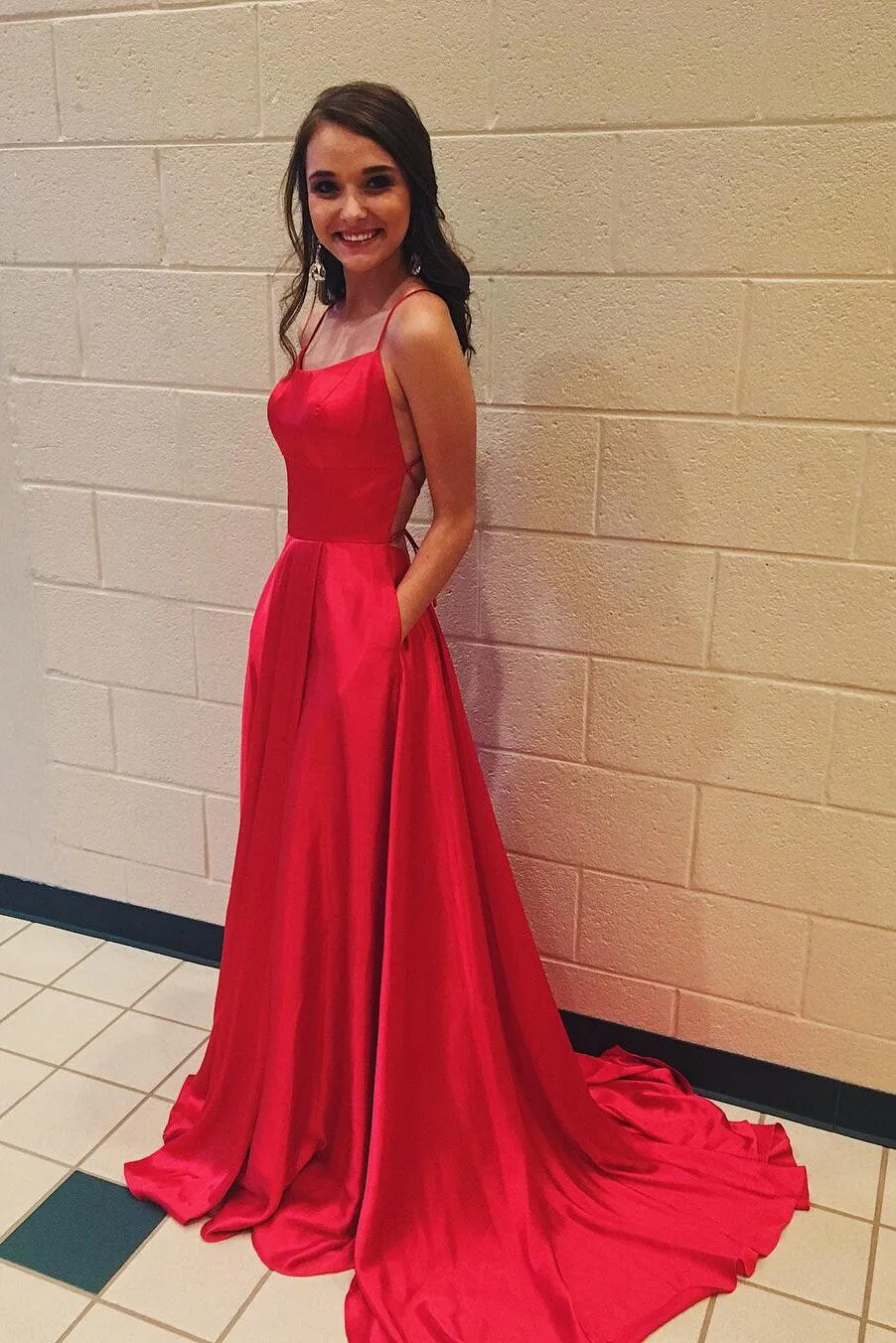 Simple Red Spaghetti Strap Formal Dress with Pockets, Sexy Long Prom Dress