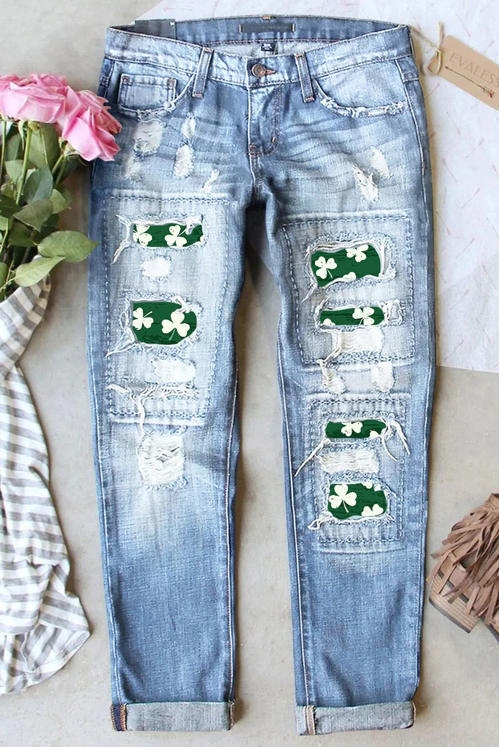 St. Patrick's Day Shamrock Clover High Rise Ripped Jeans for Women