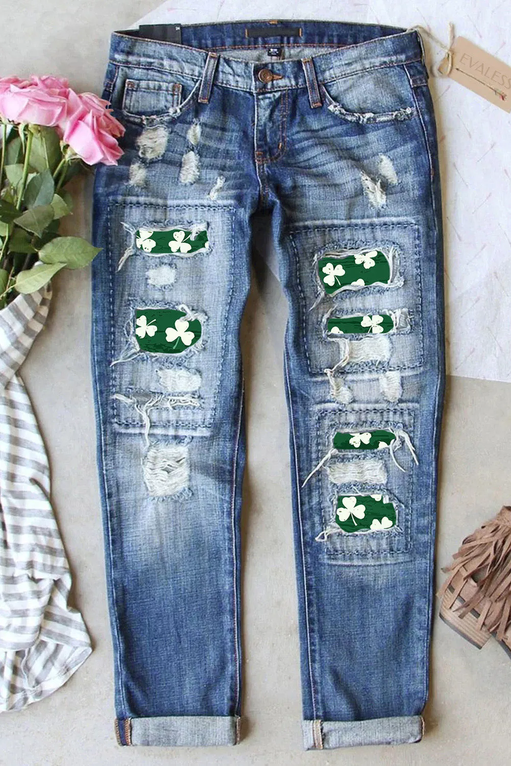 St. Patrick's Day Shamrock Clover High Rise Ripped Jeans for Women