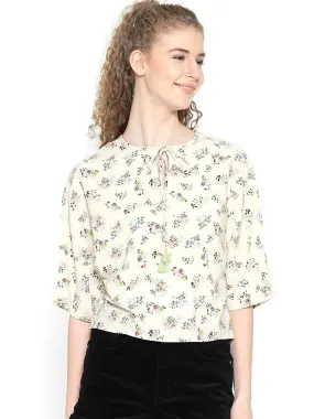 Style Quotient Women Cream Tie-Up Neck Floral Fashion Tops