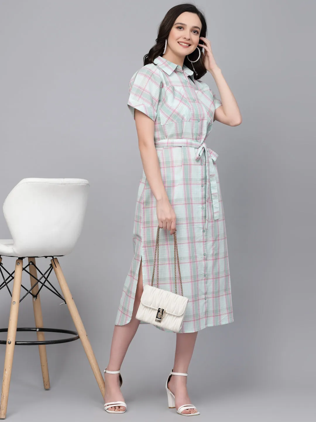 Style Quotient Women Green And Pink Checked Regular Smart Casual Shirt Dress