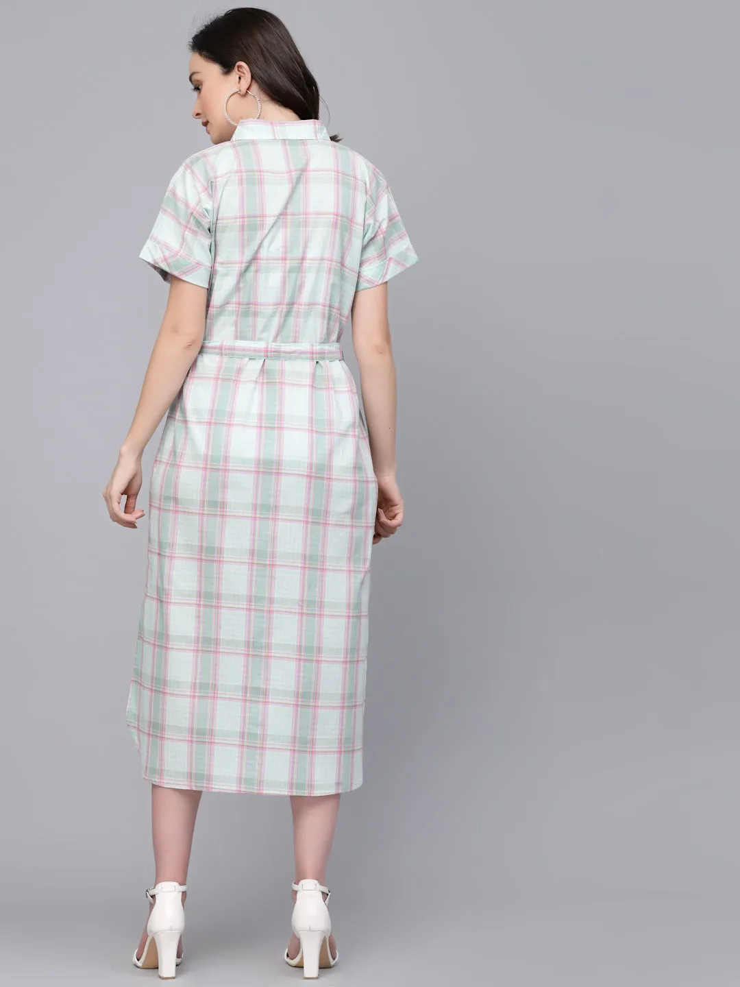 Style Quotient Women Green And Pink Checked Regular Smart Casual Shirt Dress