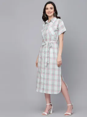 Style Quotient Women Green And Pink Checked Regular Smart Casual Shirt Dress