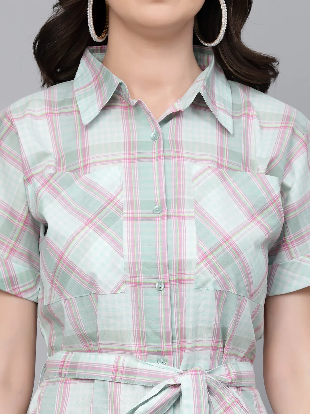 Style Quotient Women Green And Pink Checked Regular Smart Casual Shirt Dress