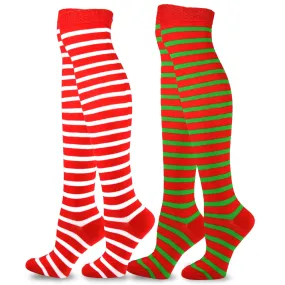 TeeHee Socks Women's Christmas Polyester Over the Knee Candy cane 2-Pack (12021)