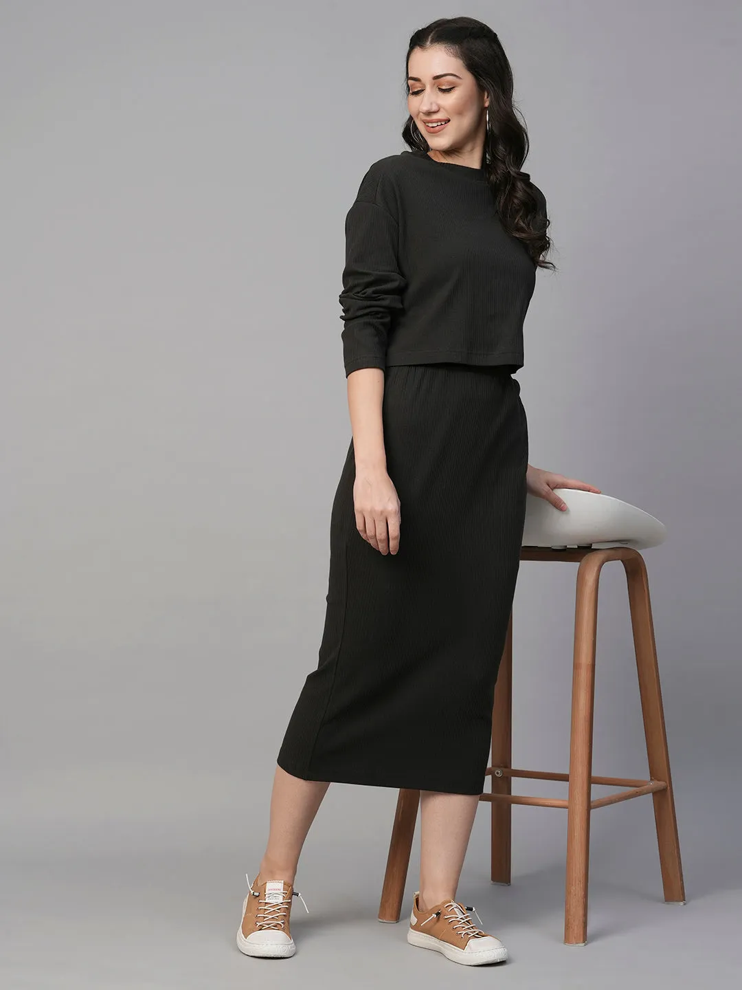 Women's Grey Cotton Elastane Slim Fit Knit Skirt